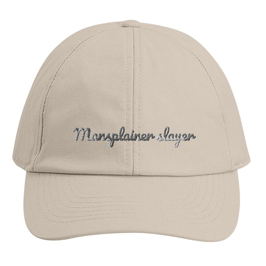 Mansplainer slayer organic cotton cap_ lassic Sand_front-embroidery