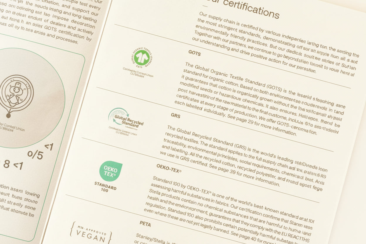 Sustainability certifications GOTS FairWear & 100% Organic Cotton