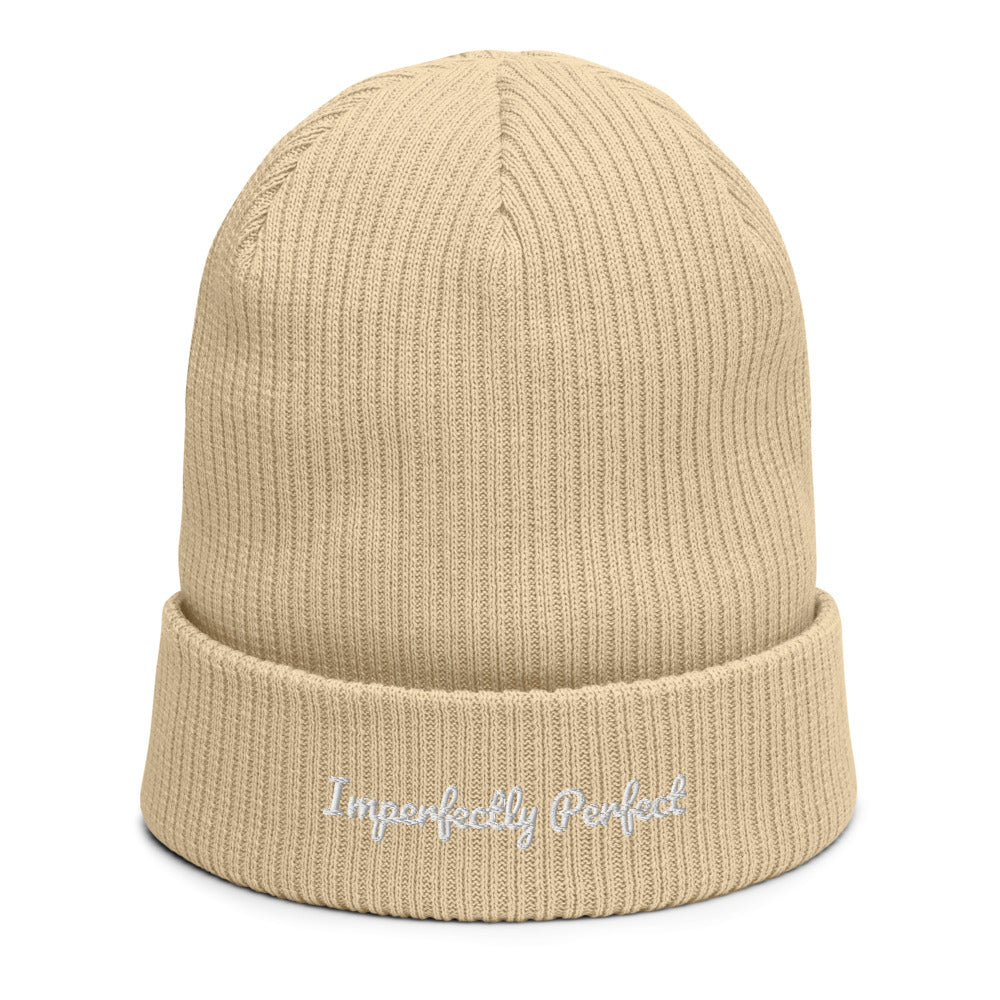 Beige Imperfectly Perfect organic female statement beanie from madebyhazel