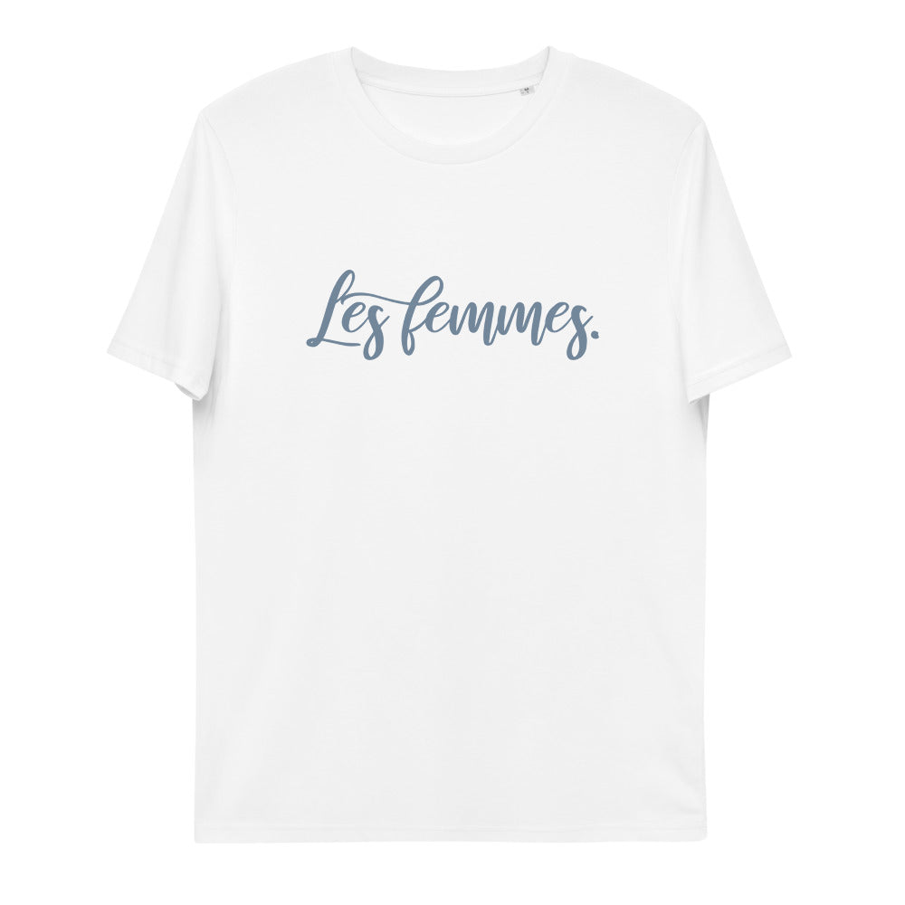 Snygg feministisk ekologisk T-shirt med Les Femmes. Blå