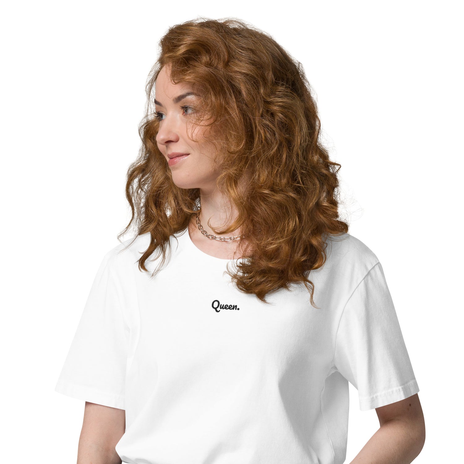 Queen print organic white Tee profile