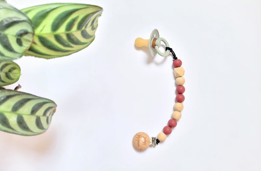 Baby pacifier clip with silicone Muave beads & natural wood