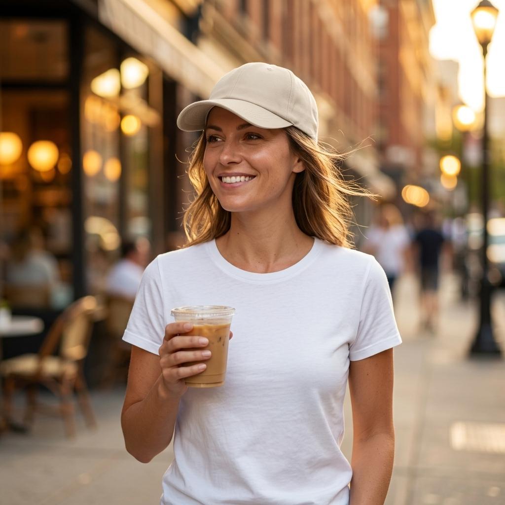 Lady in Imperfectly Perfect cap in organic cotton Classic Sand from madebyHazel left