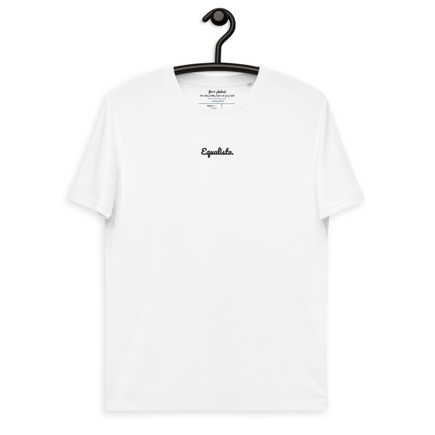 White crew neck t-shirt on hanger with the brand name 'Equalista.' embroidered in the center of the chest area.