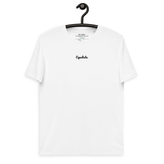 White crew neck t-shirt on hanger with the brand name 'Equalista.' embroidered in the center of the chest area.