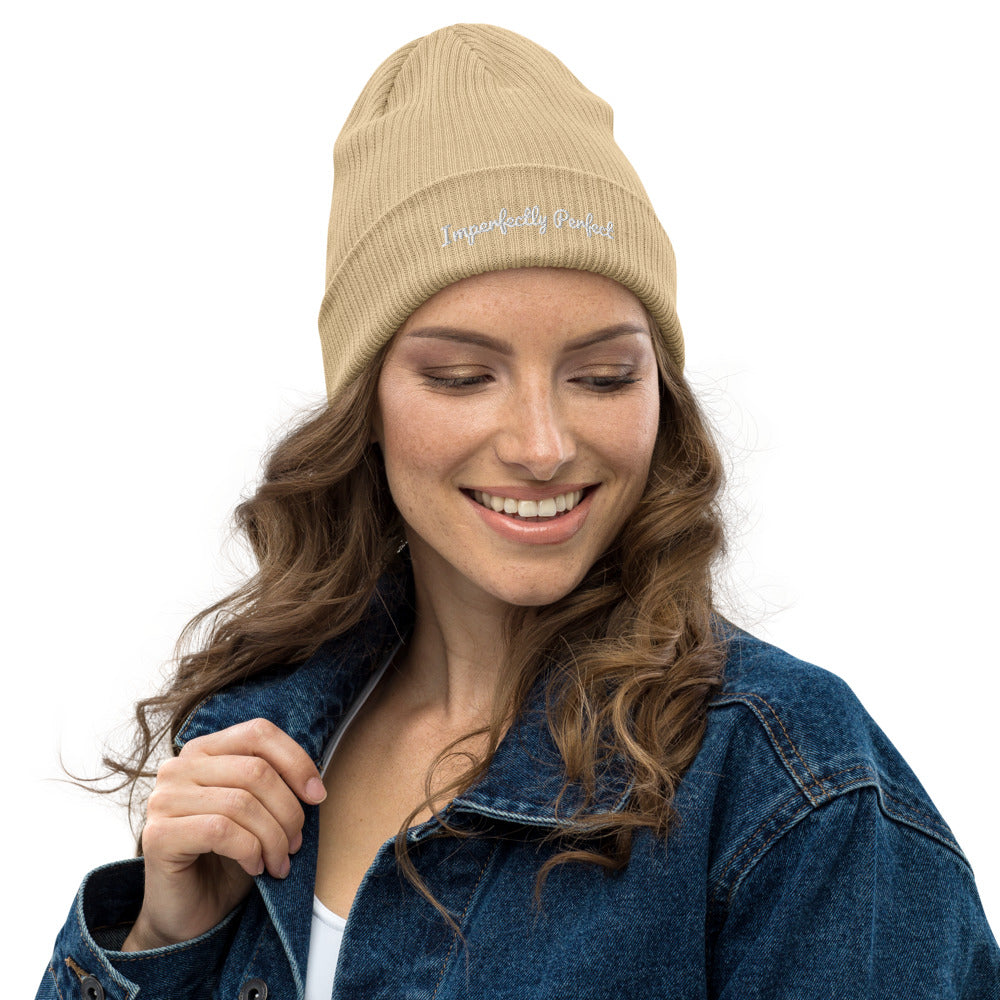 Beige Imperfectly Perfect organic female statement beanie from madebyhazel