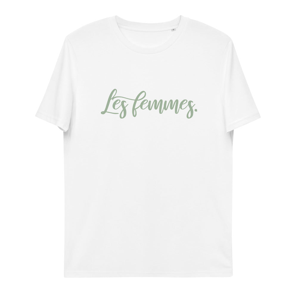 Snygg feministisk ekologisk T-shirt med Les Femmes. Ljusgrön tryck