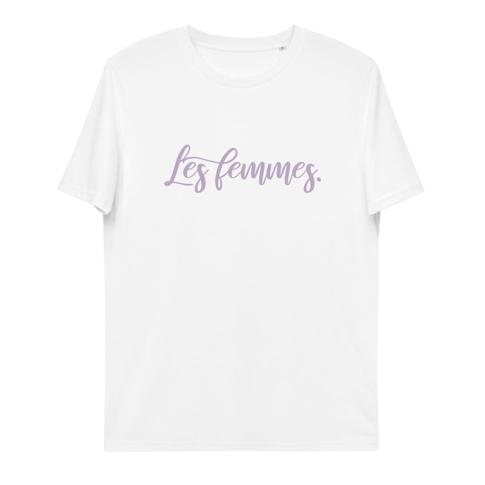 Snygg feministisk ekologisk T-shirt med Les Femmes. lila tryck