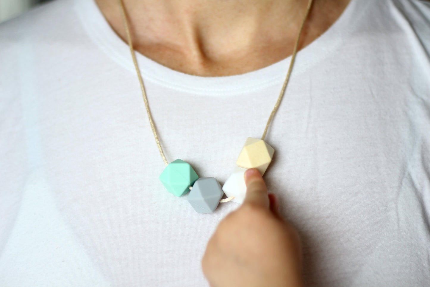 Mint - baby pointing finger - Fiddle Teething Activity Necklace natural wood & silicone!