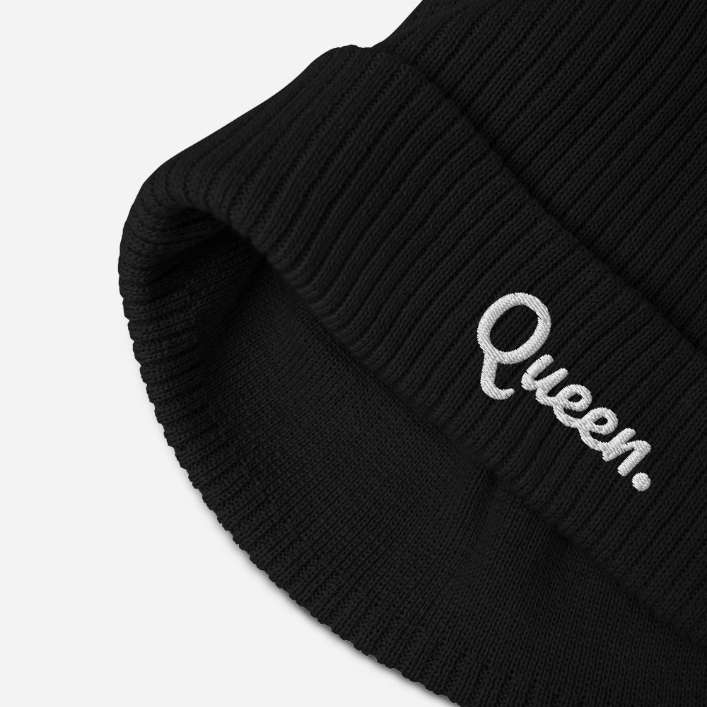 Queen organic Beanie in Black with Female Power print
