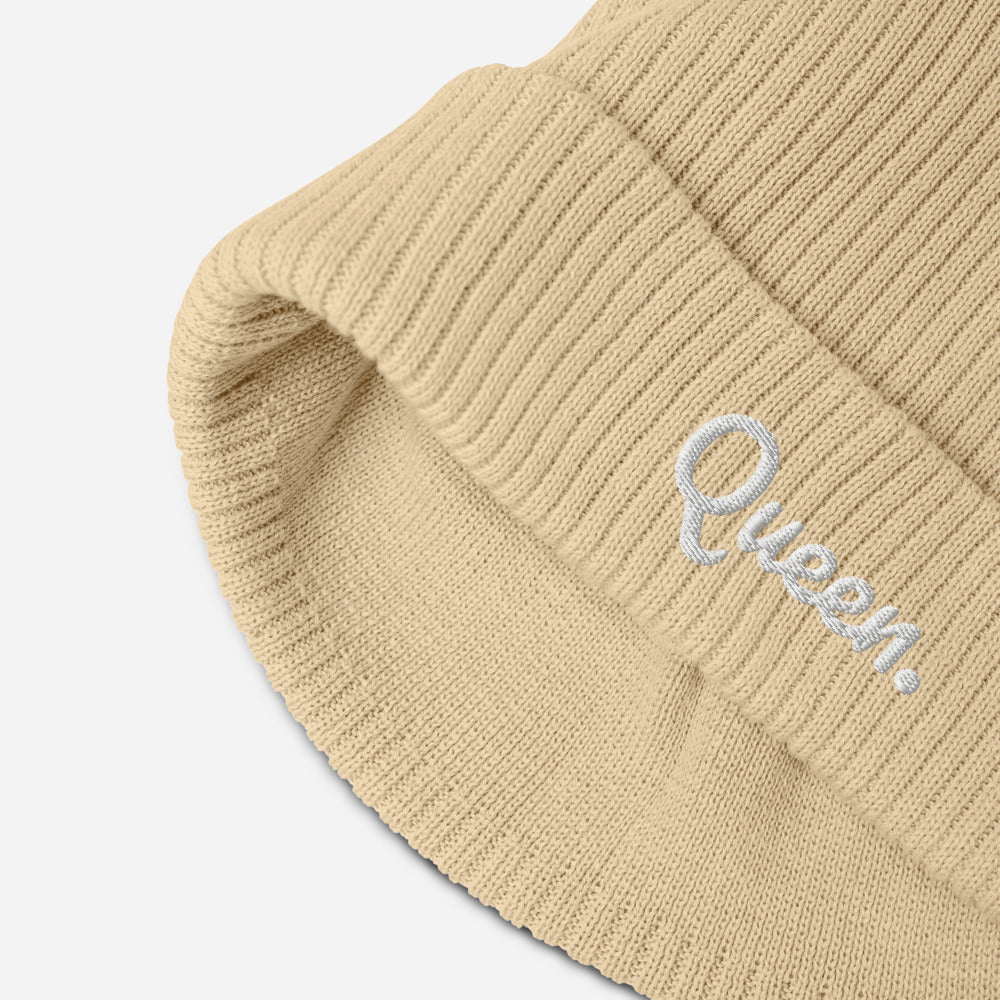 Queen organic Beanie in Sand with Female Power print