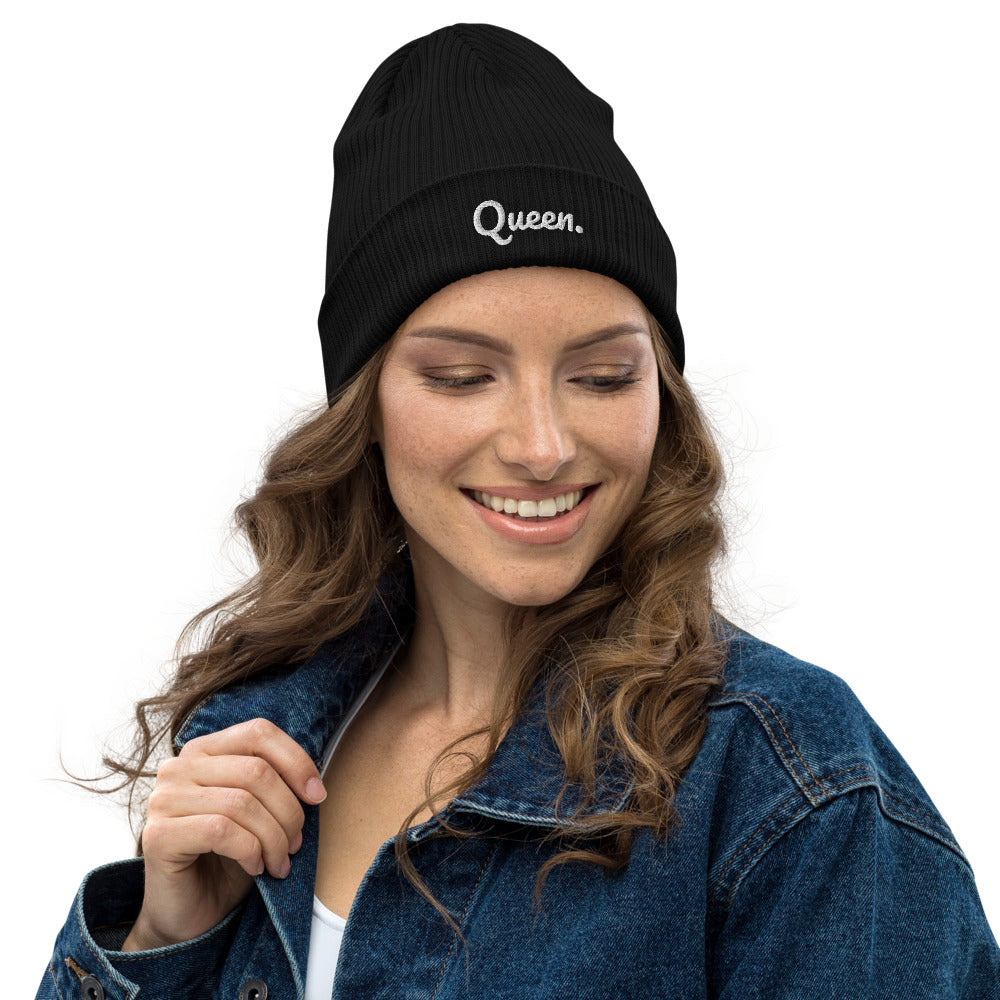 Queen organic Beanie in Black with Female Power print Lifestyle