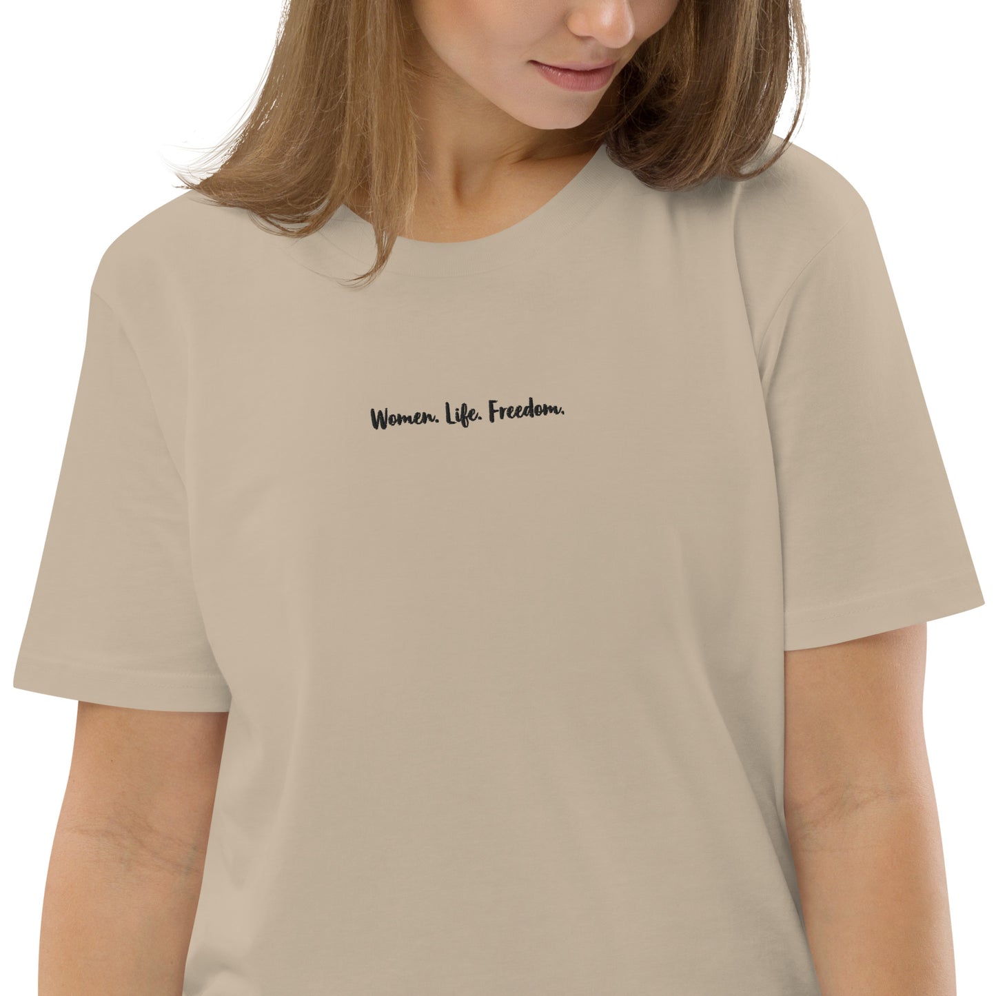 Women. Life. Freedom. T-shirt in Beige. In support for Women's equal rights