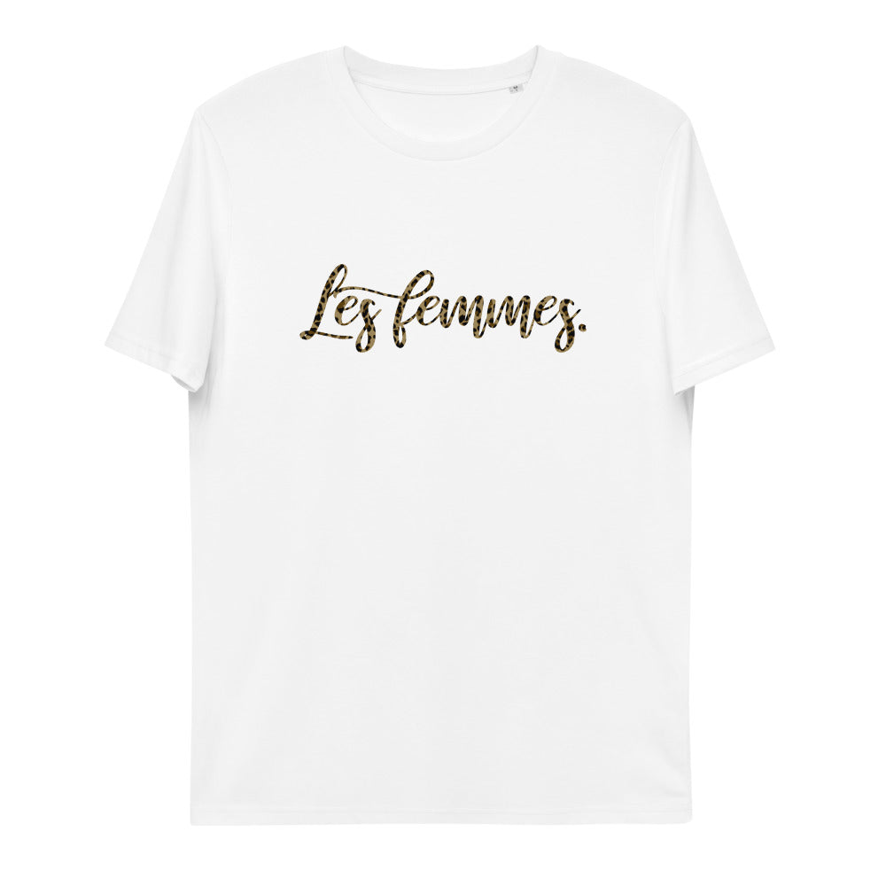 Snygg feministisk ekologisk T-shirt med Les Femmes. Leopard tryck
