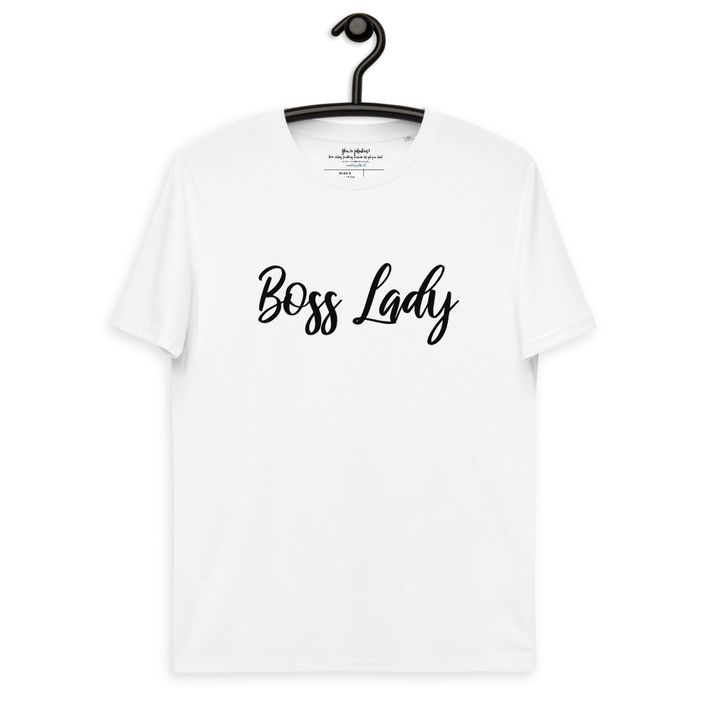 Black Boss Lady T-shirt in organic cotton on hanger from madebyHazel