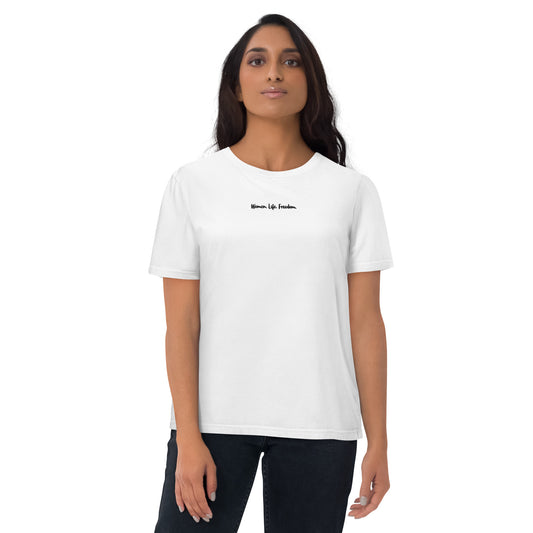Women. Life. Freedom. T-shirt in White. In support for Women's equal rights
