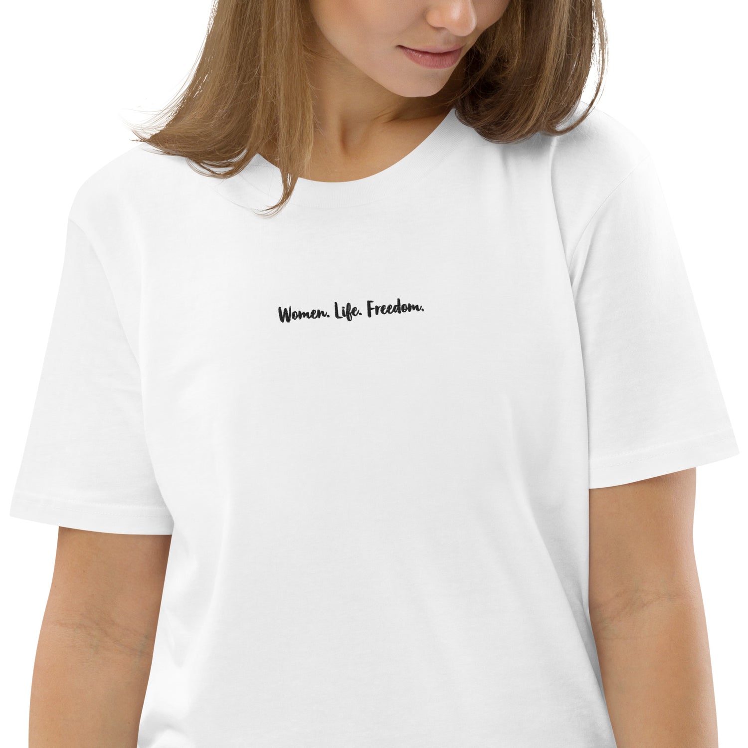 Women. Life. Freedom. T-shirt in White. In support for Women's equal rights